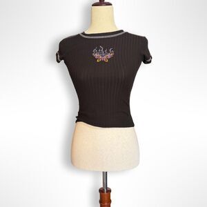 Rue 21 Y2K Baby Tee, XS, Ribbed Cropped Black Embroidered Butterfly
